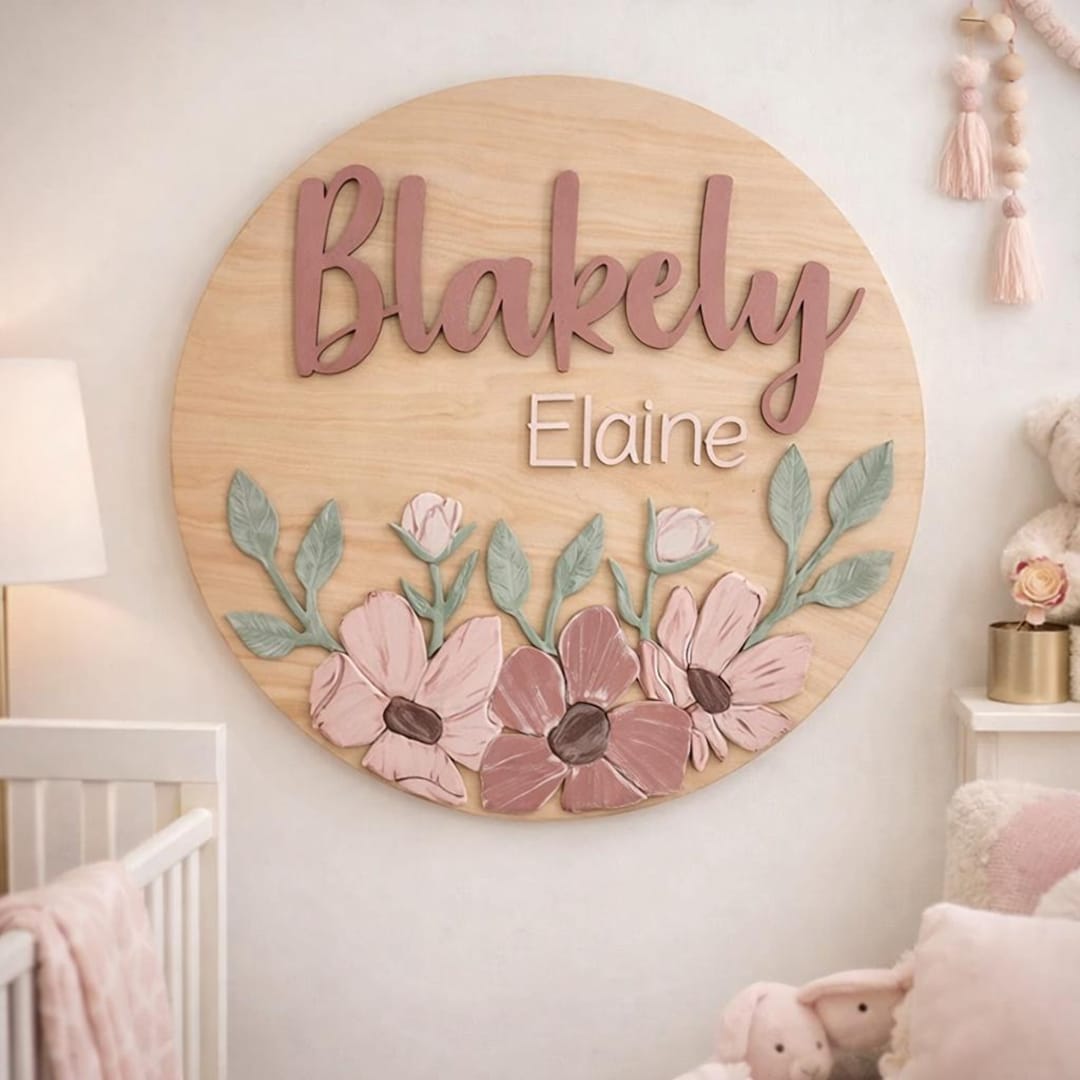 Floral Nursery Name Sign | Round 3D Wood, Baby Shower Decor - Etsy