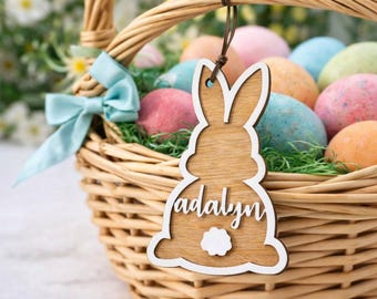 Etiqueta personalizada de conejito de Pascua / Etiqueta de nombre de madera personalizada, dije de cesta de madera contrachapada de abedul