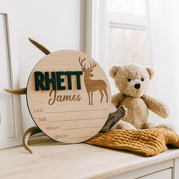 3D Hirsch Babymitteilungsschild | Personalisierte Neugeborenen Stats Plakette
