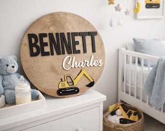Placa de madeira personalizada com nome em formato de escavadeira | Decoração 3D para quarto de bebê com tema de construção | Arte de parede com tema de caminhão de construção