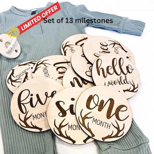 Boho Baby Milestone Plaques: Engraved Birch Wood, Antler Design