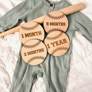 Baseball Baby Milestone Discs: Engraved Wood, Newborn Photo Prop