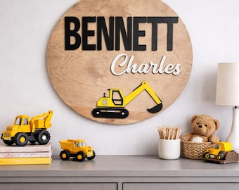 Excavator Nursery Name Sign | 3D Wooden Construction Wall Art