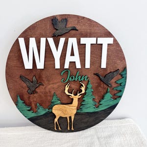 Custom Woodland Nursery Name Sign: 3D Deer & Duck Wooden Round