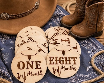 Engraved Wood Western Baby Milestone Discs: Photo Props
