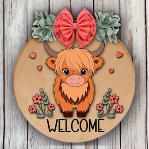 Signe rond de ferme vache Highland, fleurs, coeurs SVG, accroche-porte, fichier découpé au Laser, téléchargement numérique, Glowforge, Aura, Cricut, modèles
