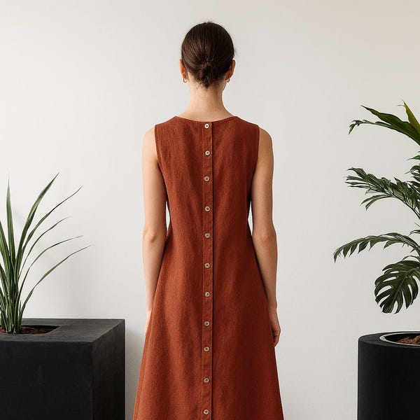Linen Midi Dress: Sleeveless A-Line Summer Dress with Pockets
