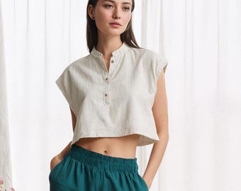 Blusa corta de lino: cuello mandarín