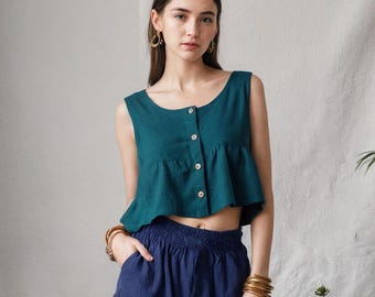 Linen Peplum Tank Top: Sleeveless Cropped Blouse with Wooden Buttons