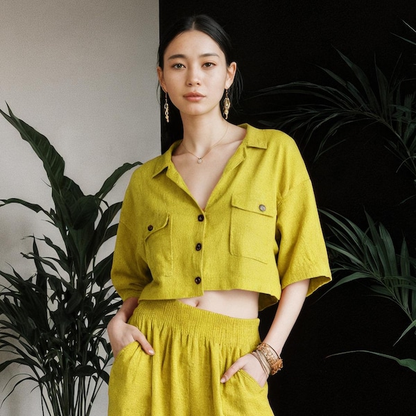 Linen Cropped Blouse: Relaxed Boxy Fit Button-Down Shirt