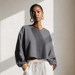 Minimalist Cropped Linen Top: Boxy Long Sleeve Cotton-Linen Blouse