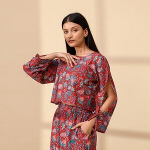 Floral Linen Crop Top: Full Sleeve Drawstring Blouse