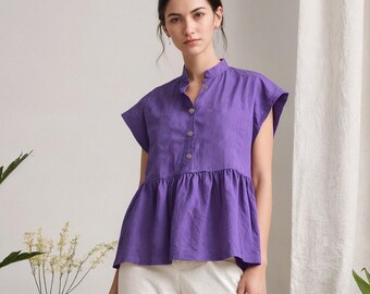 Linen Drop Shoulder Peplum Blouse | Boho Blouse for Women | Button Down Shirt with Frills