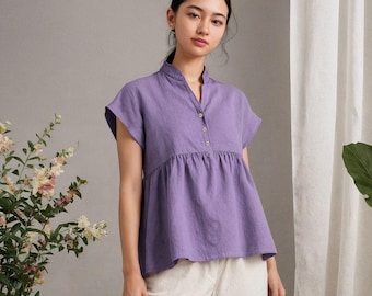 Linen Drop Shoulder Peplum Blouse | Boho Blouse for Women | Button Down Shirt with Frills