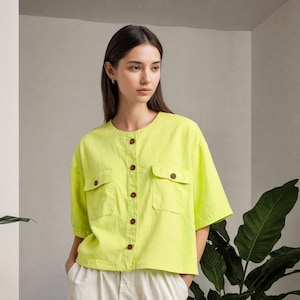 Relaxed Linen Boxy Shirt: Cropped Short Sleeve Blouse with Utility Pockets