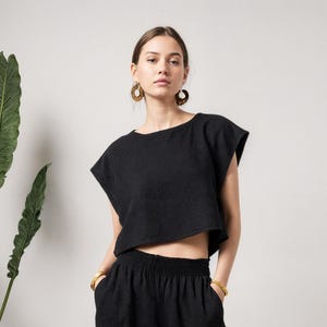 Oversized Linen Crop Top: Relaxed Sleeveless Blouse, Boat Neck