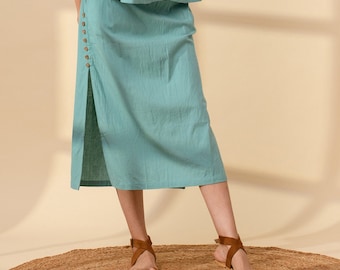 Linen Button Down Skirt: Shin Length Side Slit