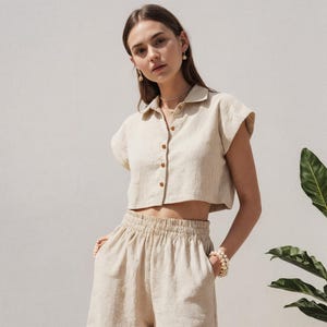 Linen Cropped Blouse: Boxy Fit, Wooden Buttons
