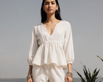 Blusa estilo bohemio de lino con cintura imperio y peplum para mujer