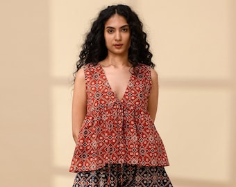 PRINTED PEPLUM BLOUSE | Drawstring Flared Shirt | Summer Sleeveless Top | Indian Style Top | Deep Neck Linen Top | Sleeveless Summer Jacket