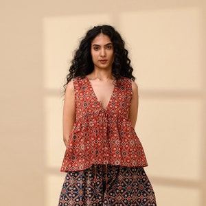 PRINTED PEPLUM BLOUSE | Drawstring Flared Shirt | Summer Sleeveless Top | Indian Style Top | Deep Neck Linen Top | Sleeveless Summer Jacket