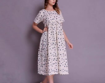 Handmade Linen Maxi Dress: Bird Print Empire Waist Summer Dress
