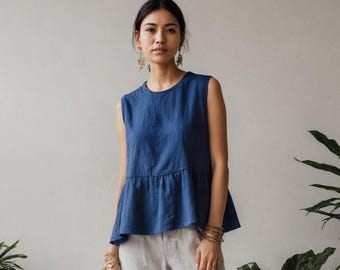 Sleeveless Linen Peplum Top: Gathered Waist Summer Blouse