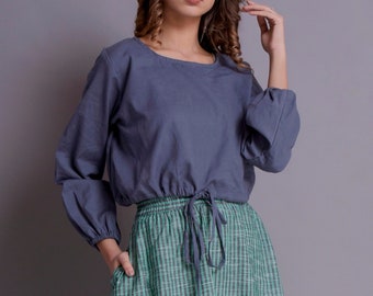 Handmade Linen Ruffle Sleeve Crop Top: Adjustable Waist String