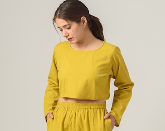 Linen Crop Top: Full Sleeve Relaxed Blouse