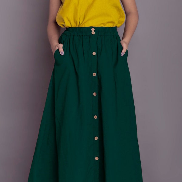 Button down Linen skirt, Buttoned skirt with pocket, Long Linen Skirt, Front button skirt, Midi skirt -(2)