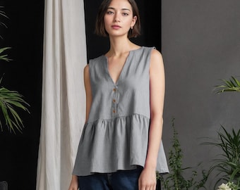 Blusa peplum de lino / Blusa bohemia para mujer / Camisa abotonada con volantes