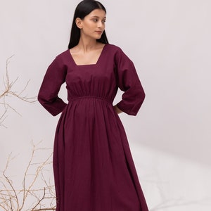 Maxi Linen Dress: Empire Waist, Square Neck, Full Sleeves