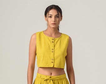 Linen Crop Top: Sleeveless Button-Down Summer Tank