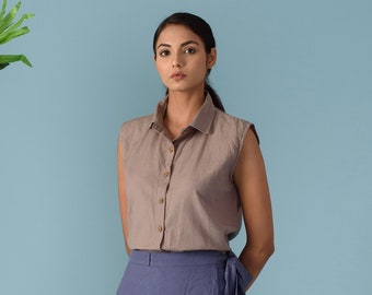 Linen Sleeveless Blouse with Collar: Button Down Summer Top