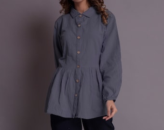Flared linen shirt for woman, Loose Peplum top, Gathered shirt, Washed Linen Shirt, Summer tunic shirt - Custom made by Modernmoveboutiique