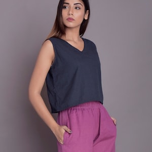 Handmade Linen Crop Top: Sleeveless V-Neck Blouse