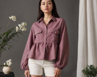 Blusa de lino con peplum, estilo bohemio, con botones, volantes y bolsillos para mujer