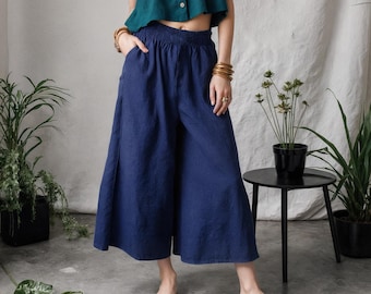 Pantalones Palazzo de lino de pierna ancha: cintura elástica, bolsillos laterales