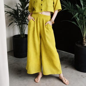 Wide Leg Linen Pants with Elastic Waistband and Side Pockets | Summer Linen Pants for Women | Relaxed hem Linen Trousers | Comfortable Pants