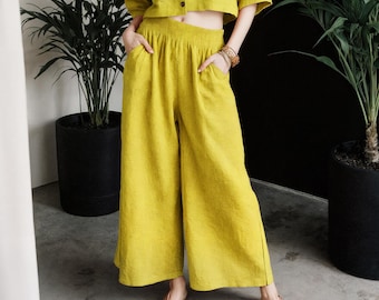 Pantalones de lino de pierna ancha: pantalones de cintura elástica con bolsillos