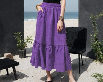 Linen Midi Skirt with Pockets: Tiered A-Line Summer Skirt