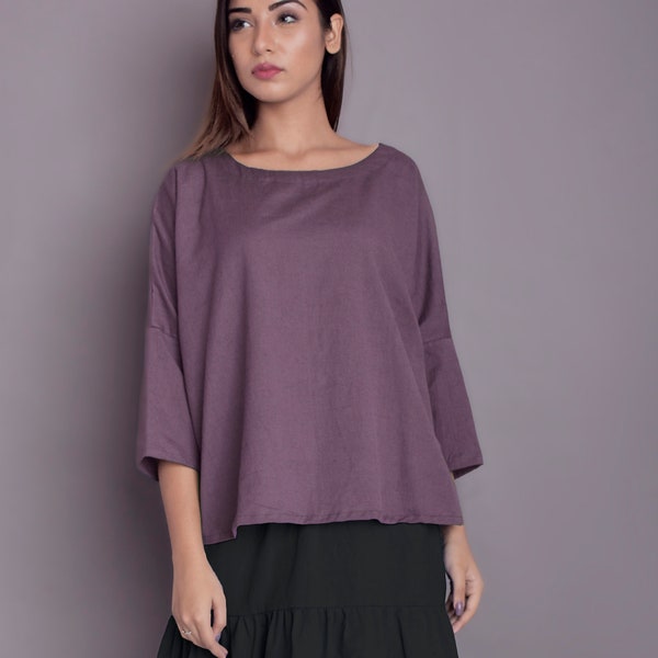 Loose Fit Over Sized Top with Drop Sleeves, Oversized blouse, Over Sized Linen Tunic Top -(33)