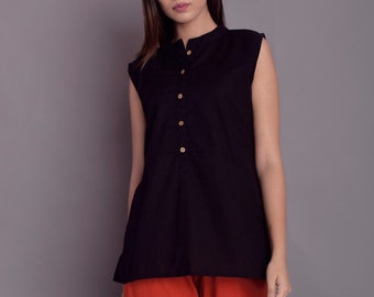 Linen Sleeveless Indian shirt for Women, Black linen shirt, Linen tunic top, Linen Washed Soft Shirt -(142)