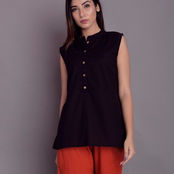 Linen Sleeveless Indian shirt for Women, Black linen shirt, Linen tunic top, Linen Washed Soft Shirt -(142)