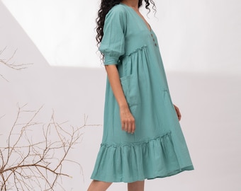 Ruffle Trim Linen Midi Dress: Flowy Button-Down Summer Dress