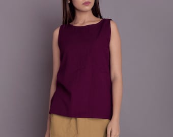 Linen Sleeveless Blouse: Slit Top, Summer Casual Shirt