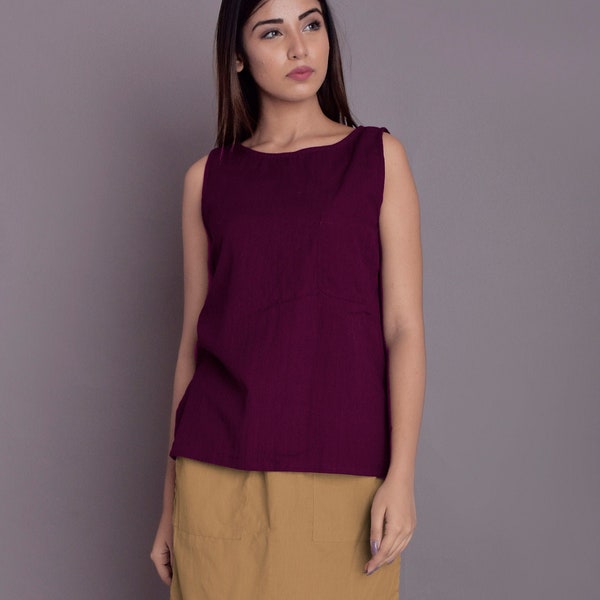 Basic Linen Blouse, Slit top, Side cut Linen blouse, Linen sleeveless top, Casual blouse for women  - (42)