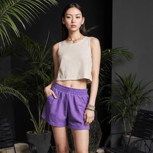 Cotton Linen Beach Shorts: Elastic Waist, Side Pockets