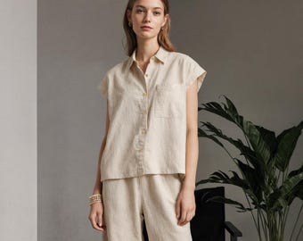 Linen Pants Set: Relaxed Fit Shirt & Wide Leg Trousers