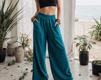 Linen Relaxed Pants with Patch Pockets and Elasticised Waistband | Summer Linen Bottoms
